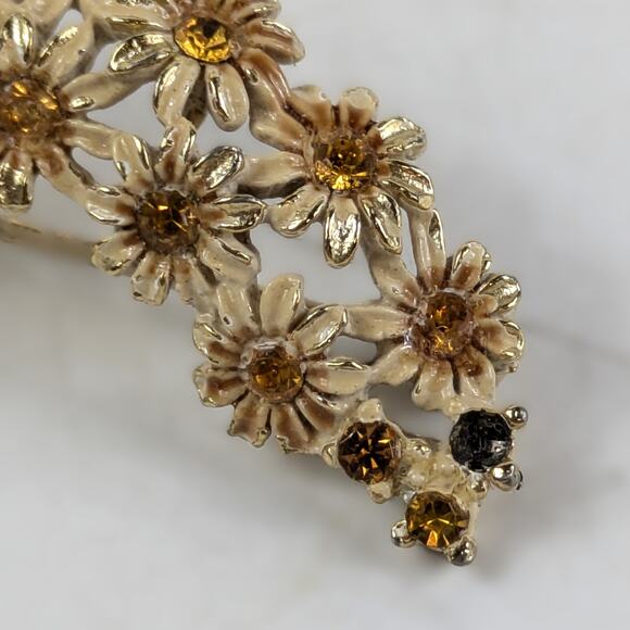 Vtg Daisy Brooch Gold Tone Enamel Rhinestone Floral Cascade Pin Spring Flowers - Picture 4 of 5